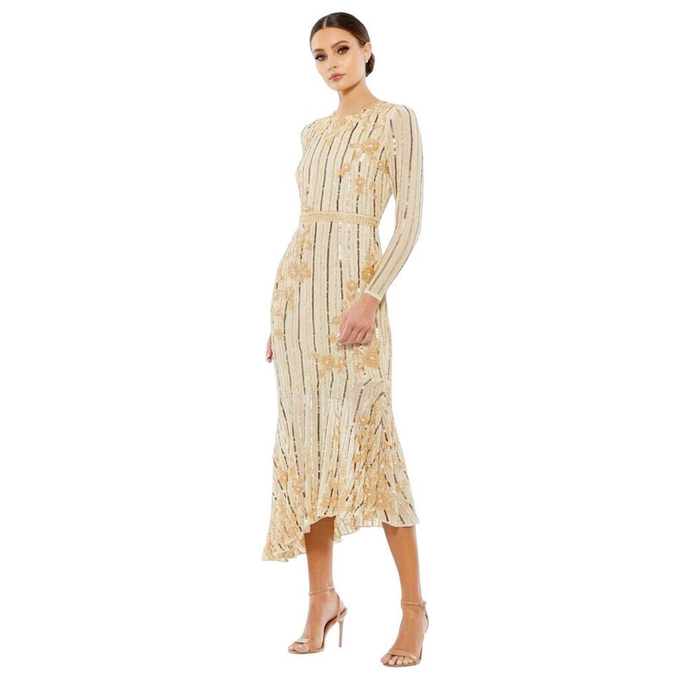 Mac Duggal 93627 Nude Gold Sequin Beaded Midi Dress Size 8 $398